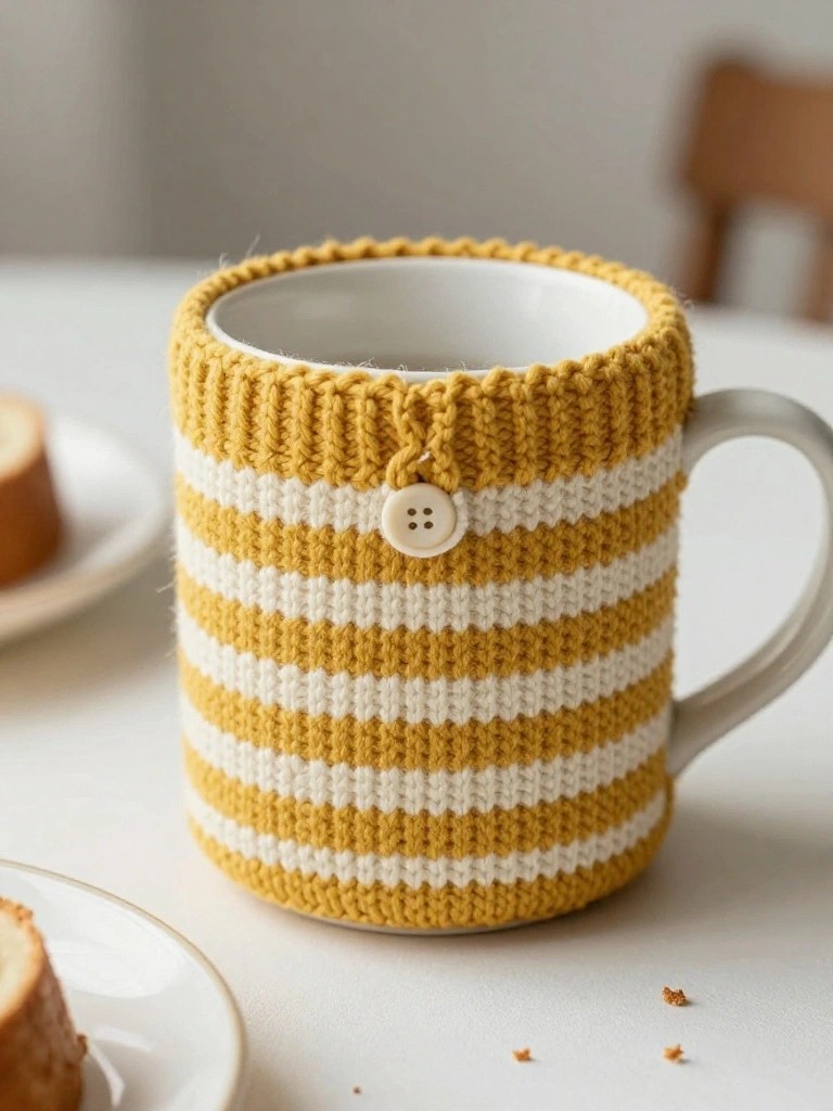 A white ceramic mug with yellow and white striped knitted cozy featuring ribbed texture and a white button closure, on a table next to plates of yellow cake.