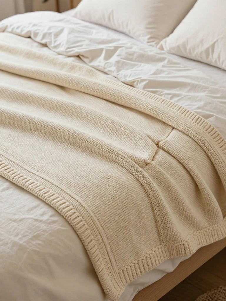 Cream-colored chunky knitted throw blanket draped over a white bed with pillows.