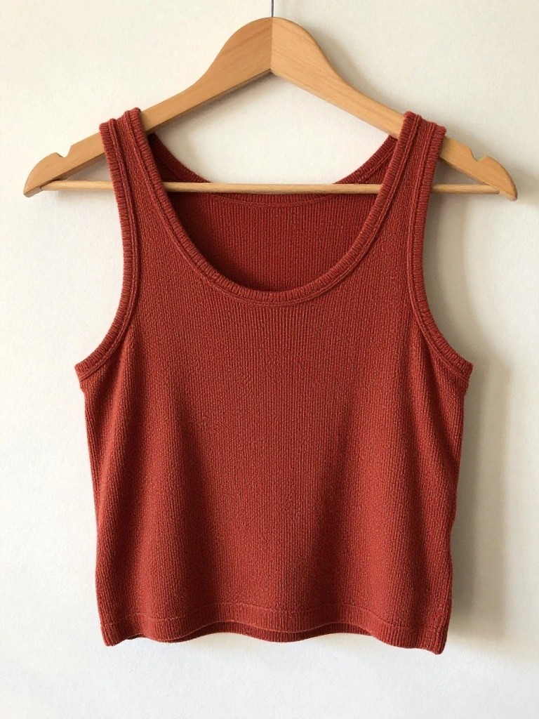 A rust-colored ribbed knit tank top with scoop neck and cropped hem hangs on a wooden hanger against a white wall.