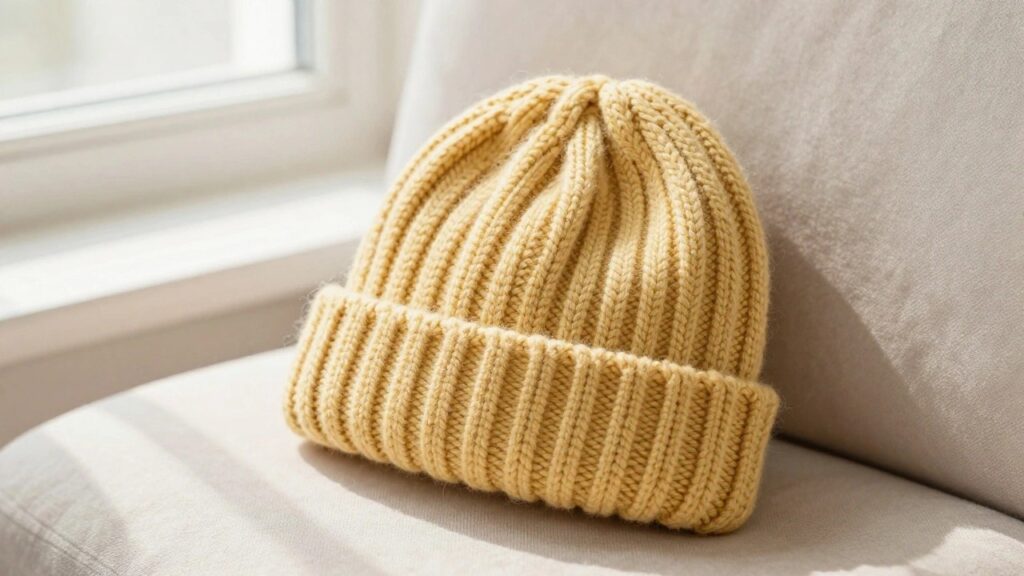 Mustard yellow ribbed knitted beanie hat on a white stool by a window.
