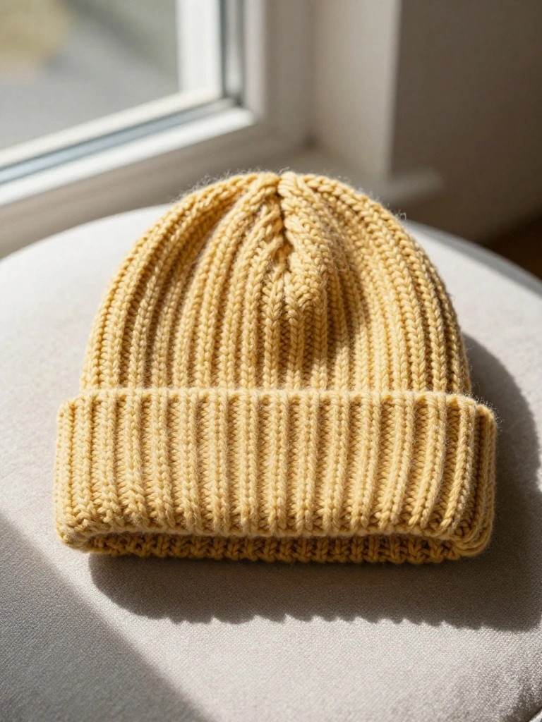 Mustard yellow ribbed knitted beanie hat on a white stool by a window.