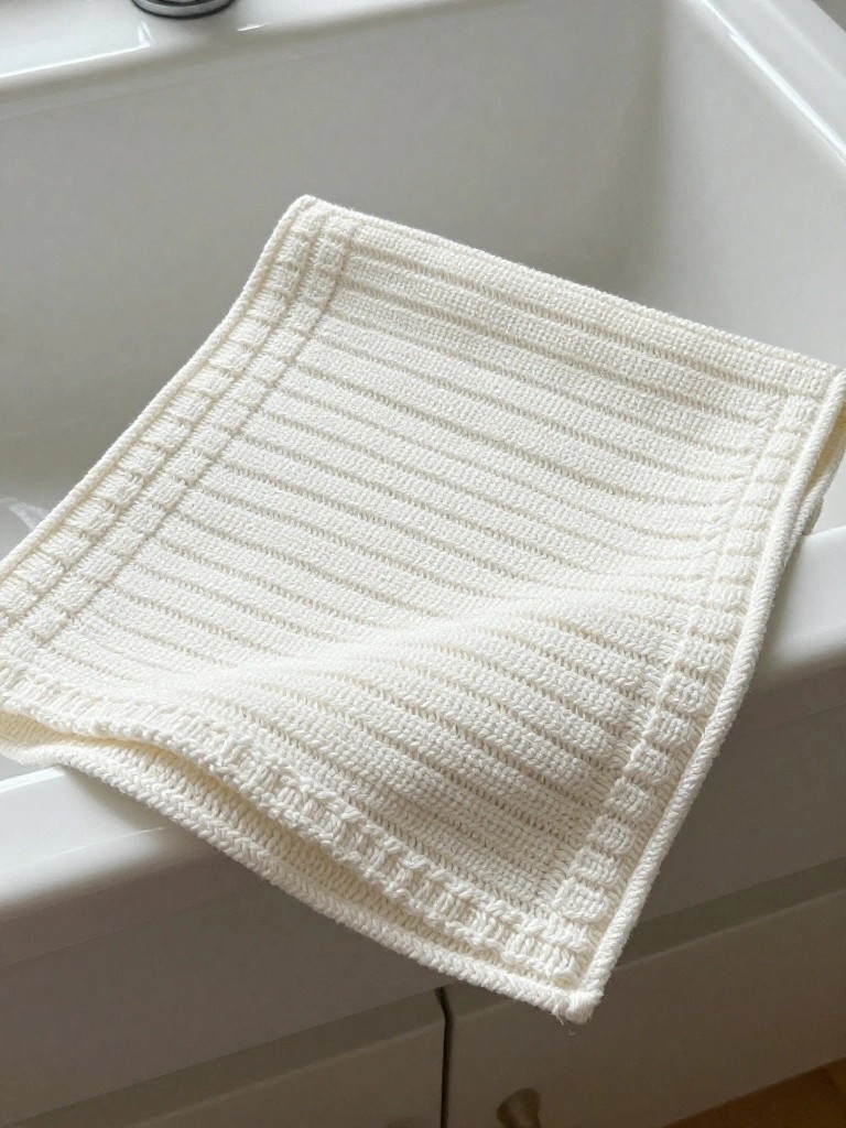 A creamy white knitted rectangular dishcloth with horizontal ribbed stripes and borders draped over the edge of a white sink.