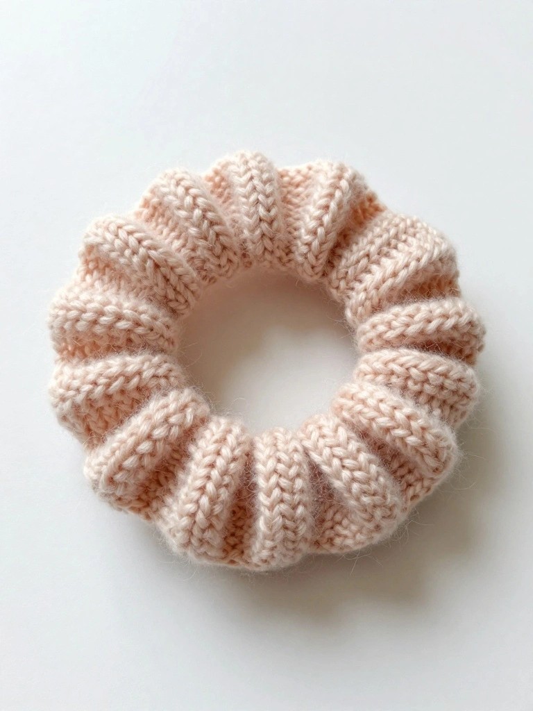 A light peach knitted scrunchie with ribbed texture and gathered folds on a white background.