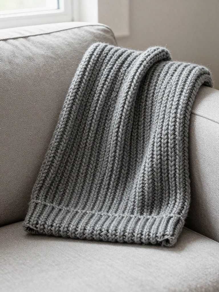 Gray ribbed knitted beanie draped over the arm of a light gray couch.