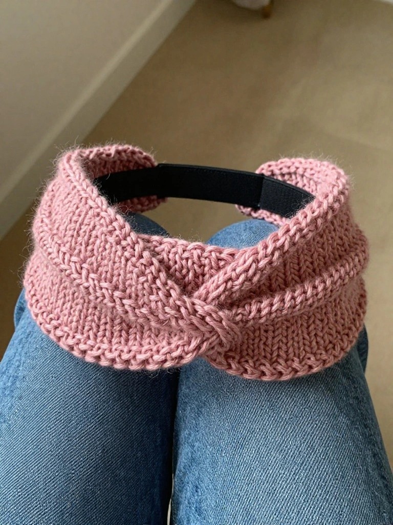 Pink fuzzy knitted headband with ribbed texture, front twist, and black elastic insert, resting on blue jeans against a beige floor.