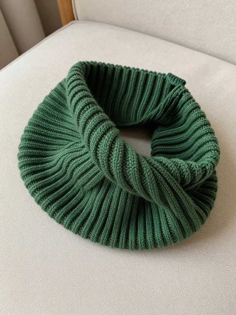 A green ribbed knitted cowl twisted into a loop on a white surface.