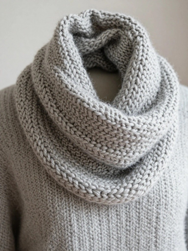 Gray chunky knitted infinity cowl looped and folded on a neck form.