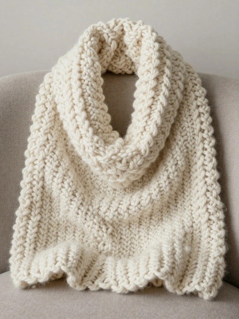A chunky off-white knitted scarf looped and draped over the back of a gray upholstered chair.