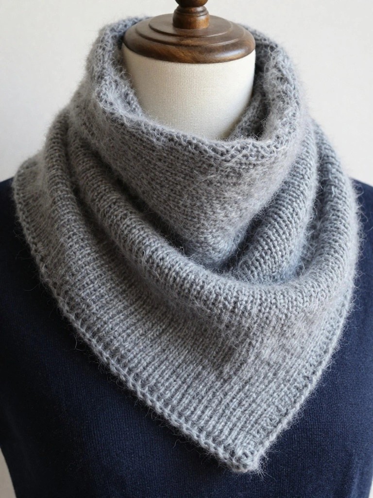 Gray fuzzy knitted cowl draped asymmetrically on a white mannequin bust atop a wooden stand.