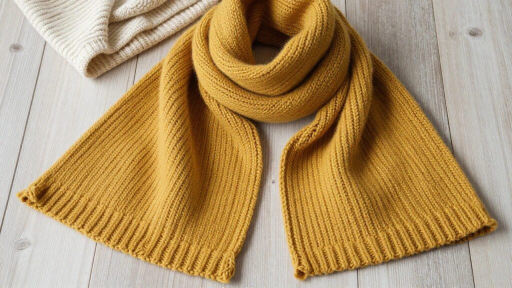 A mustard yellow chunky ribbed knitted scarf draped loosely and crossed over a model's neck and cream sweater.