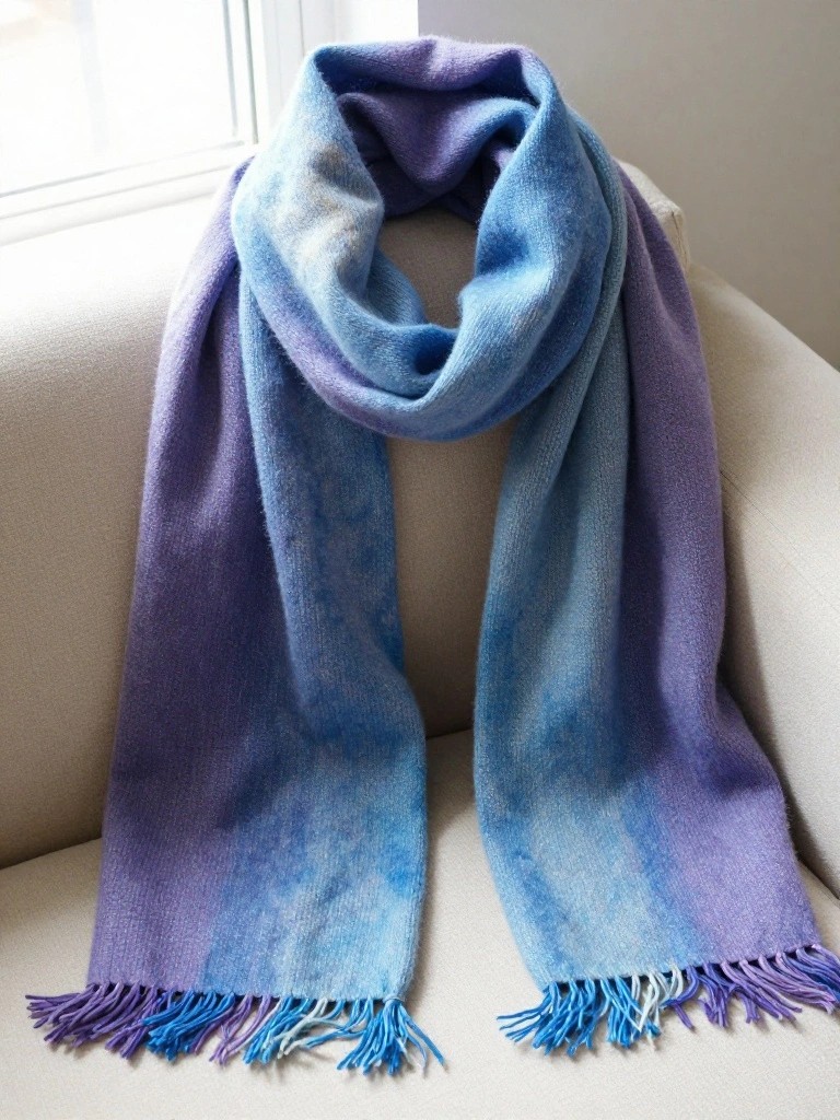 A long fuzzy knitted scarf in a purple-to-blue gradient draped over the back of a white chair near a window.