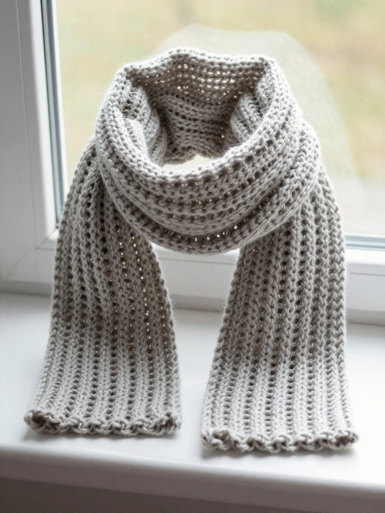 A light gray knitted scarf with open lacy texture and ruffled edges draped over a windowsill by a window.