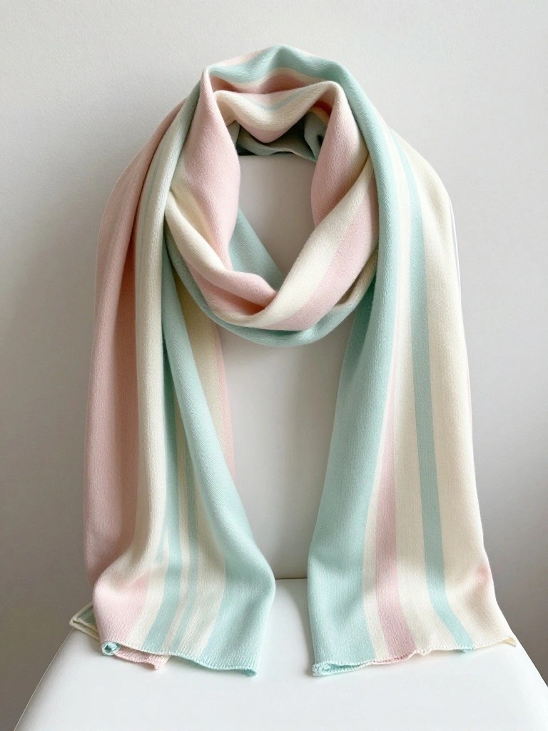 A long knitted scarf with wide horizontal stripes in pale pink, off-white, and light mint green, draped over a white surface.