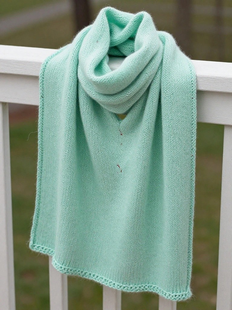 Light green knitted scarf draped in a loop over a white wooden railing outdoors.