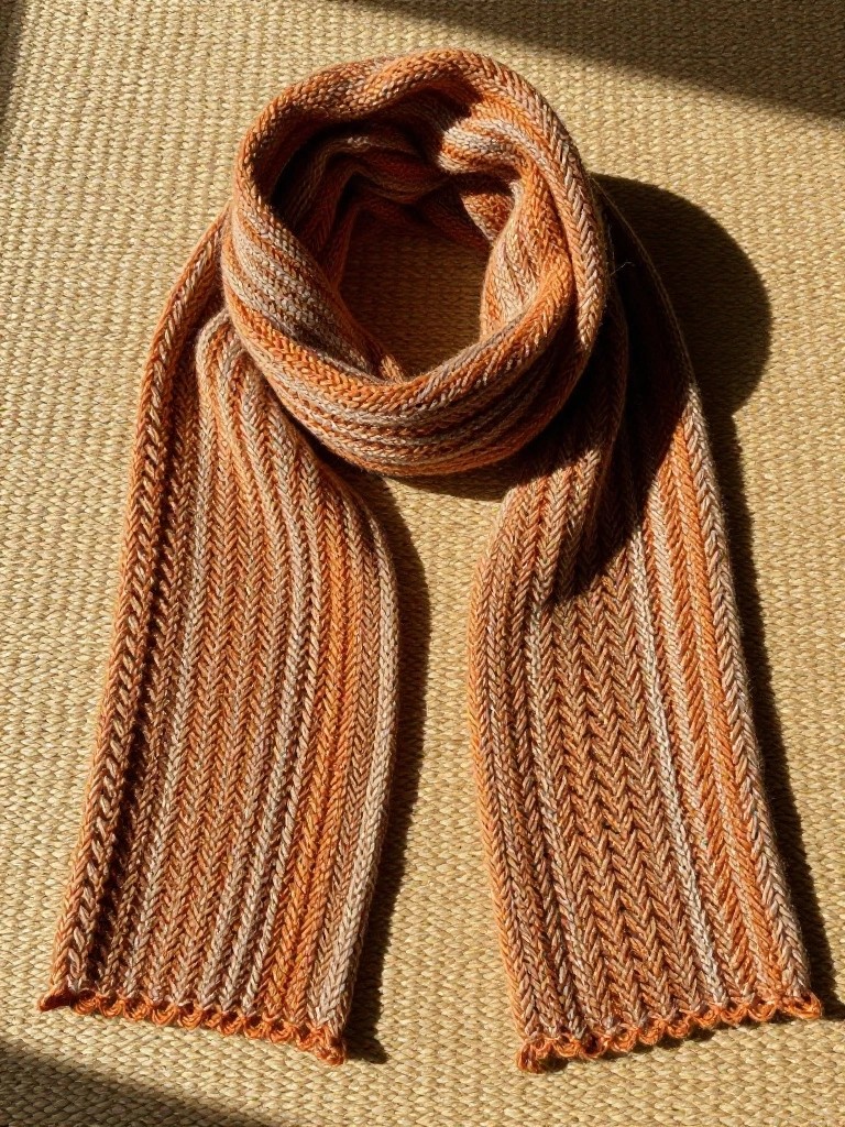A long knitted scarf in orange, peach, and cream stripes with zigzag texture lies draped on a light floor in sunlight.