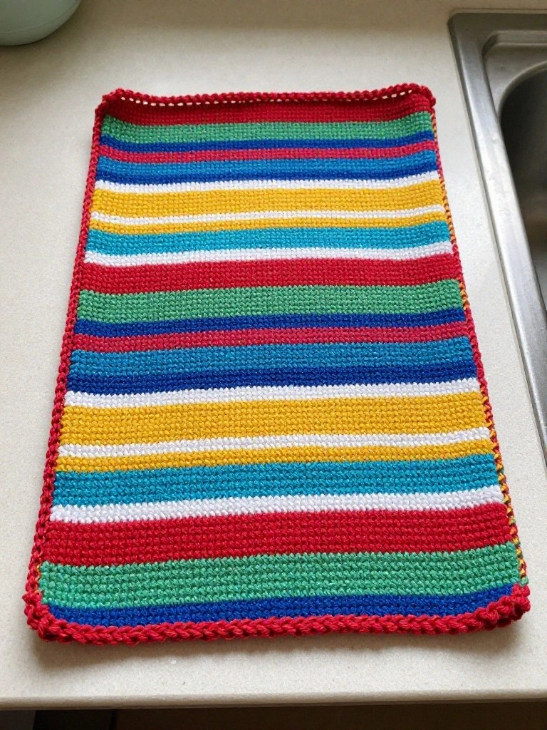 A rectangular knitted placemat with multicolored horizontal stripes sits on a kitchen counter near a sink.