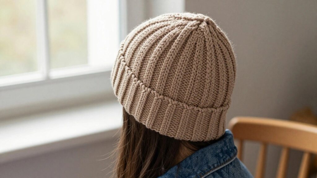 A young child in profile wears a light beige knitted beanie with vertical rib texture and a denim jacket, sitting by a window.