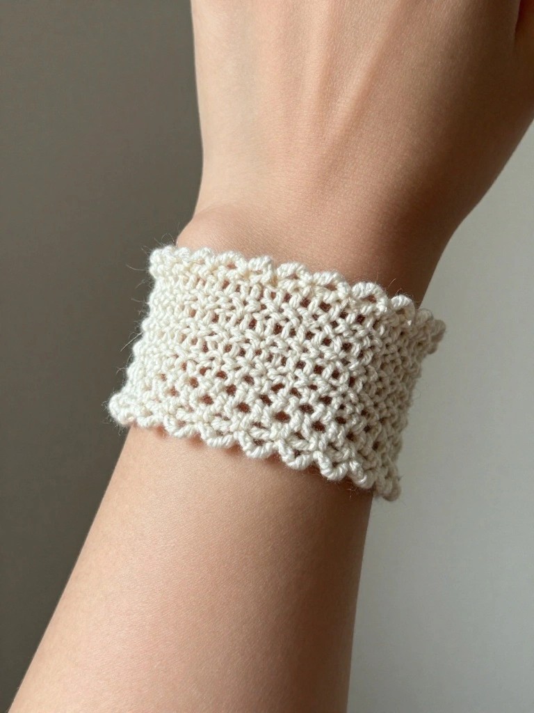 A white openwork knitted cuff bracelet stretches around a light-skinned wrist.