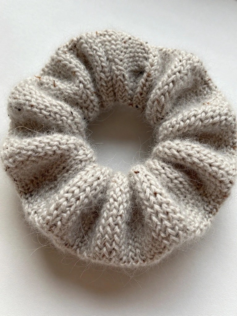 A cream-colored knitted scrunchie with fuzzy yarn, gathered into folds around an elastic core.
