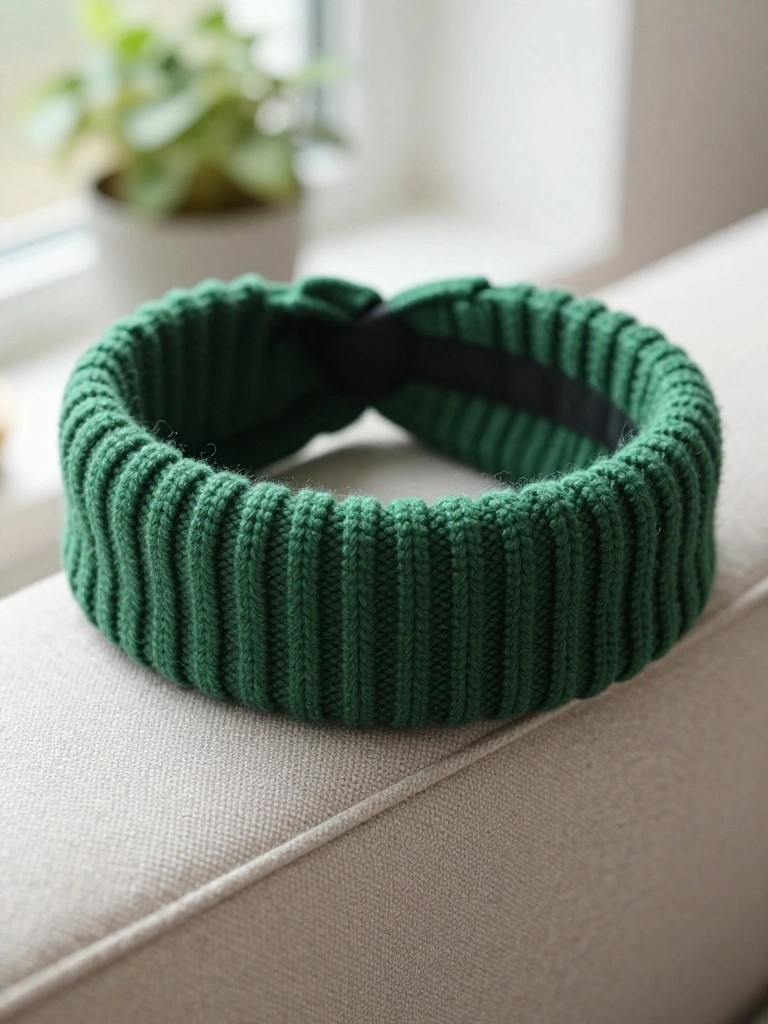 A green ribbed knitted headband with a black bow knot lies on a white couch near a window.