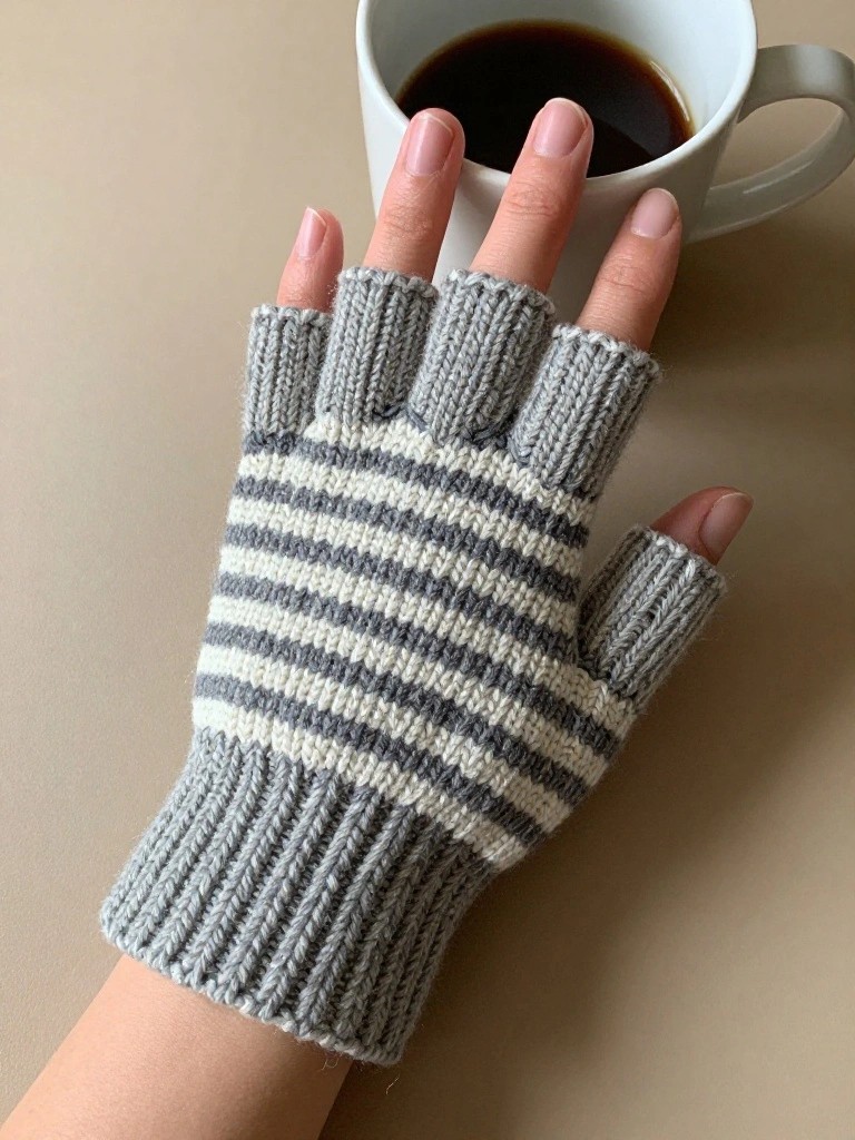 A hand models gray and white horizontally striped knitted fingerless mitts next to a white mug of black coffee on a beige surface.