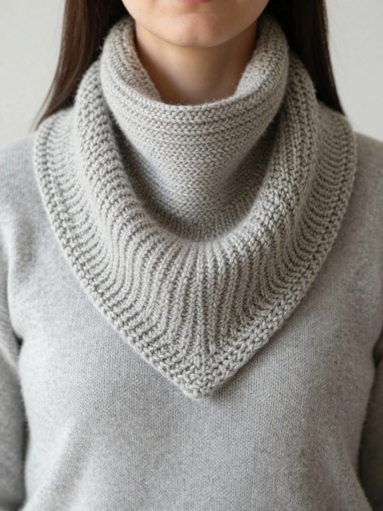 A woman models a light gray triangular ribbed cowl folded around her neck over a sweater.