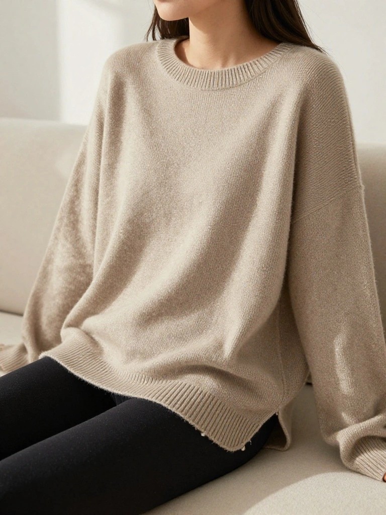 A model sits on a couch wearing a beige fuzzy oversized knit sweater with dropped shoulders, wide neckline, and black pants.