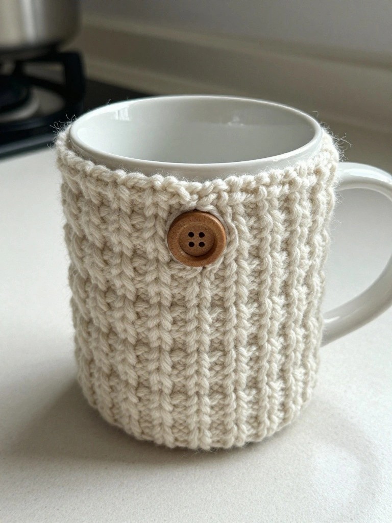 Off-white knitted mug cozy with textured ridges and brown button closure on a white ceramic mug next to a stovetop.