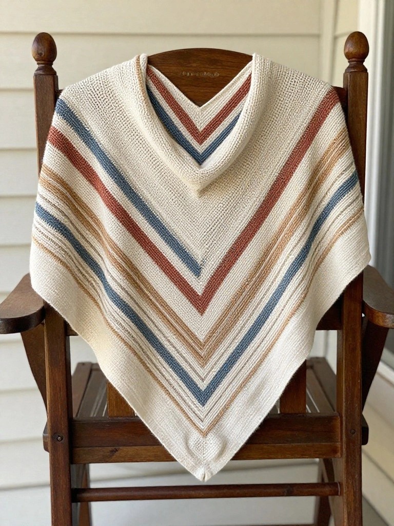 A knitted triangular shawl in cream with rust, navy, and tan diagonal stripes draped over the back of a wooden rocking chair on a porch.