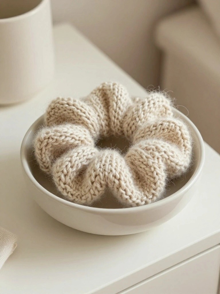 A creamy white fuzzy knitted scrunchie with ruffled wavy edges sits in a white bowl on a table next to a mug.