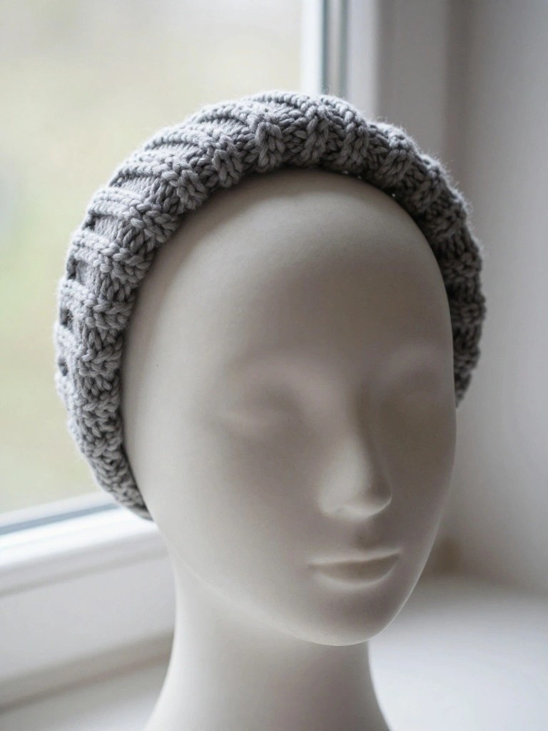 Gray knitted headband with ribbed cable texture on a white mannequin head against a window background.