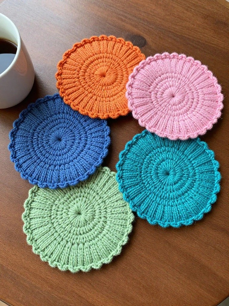 Six circular knitted coasters in bright orange, pink, blue, teal, and green sit on a wooden table beside a white mug of coffee.