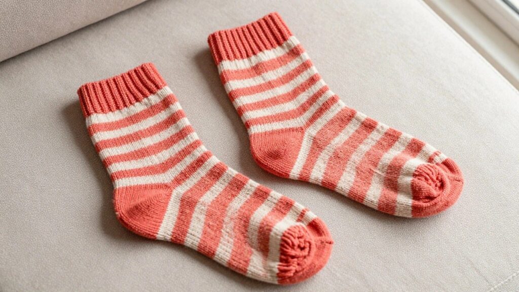 Two knitted crew socks with orange and white horizontal stripes sit on a white windowsill next to a plant.