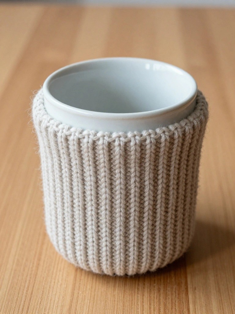 A white ceramic mug with a light gray fuzzy ribbed knitted cozy fitted around its body on a wooden table.