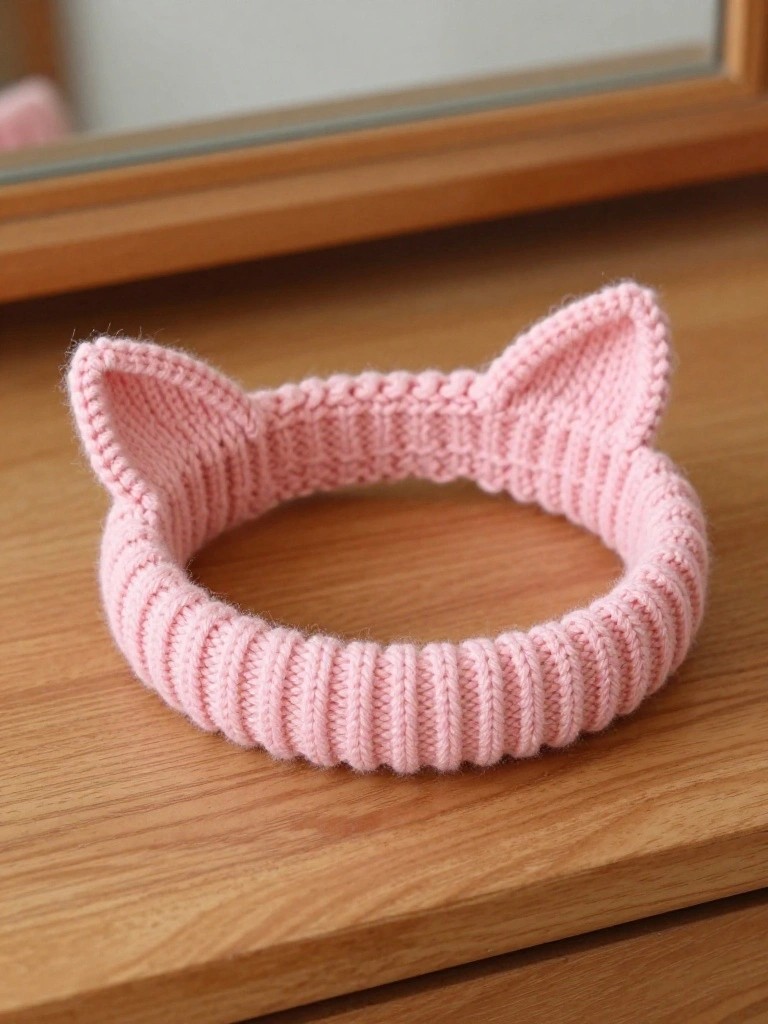 Pink knitted headband with two cat ears on top, sitting on a wooden dresser next to a mirror.