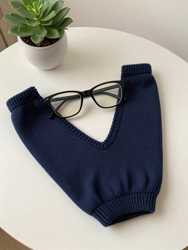 Navy blue knitted item shaped like an open V with ribbed tube ends lies flat on a table, holding black-framed eyeglasses in the center opening.