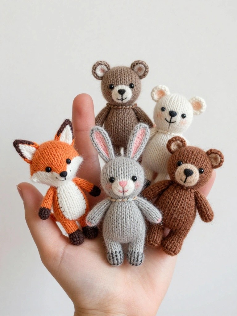 A hand holds five small knitted plush toys including an orange fox, gray rabbit, white bear, light brown bear, and dark brown bear.