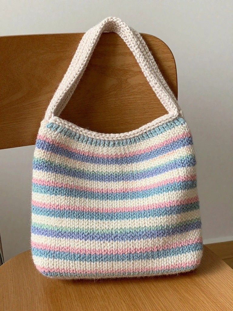 A crocheted tote bag in horizontal pastel stripes sits draped over a wooden chair.