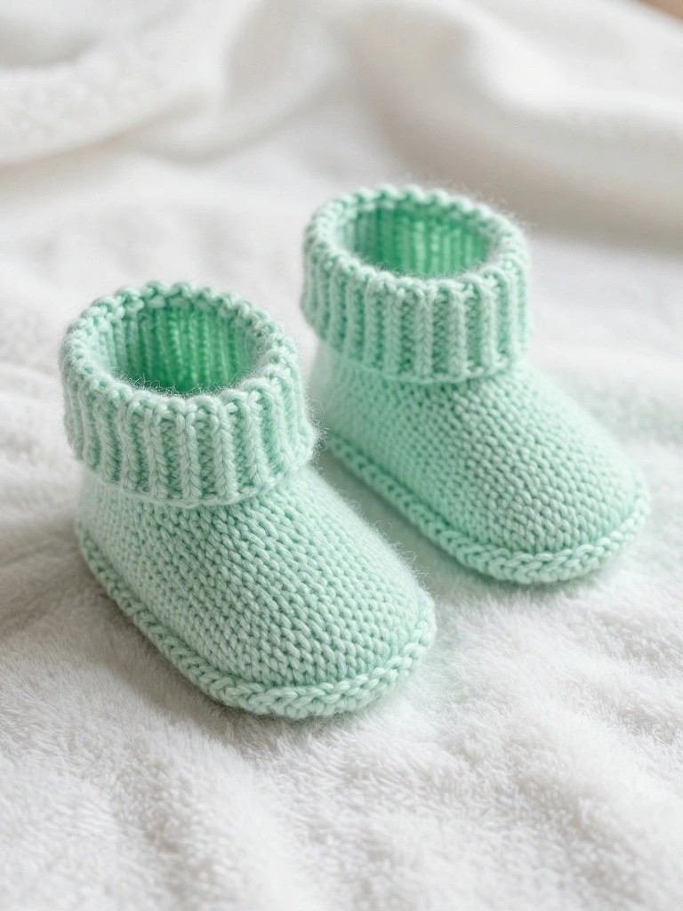 Two pale mint green knitted baby booties with wide ribbed cuffs on a white blanket.