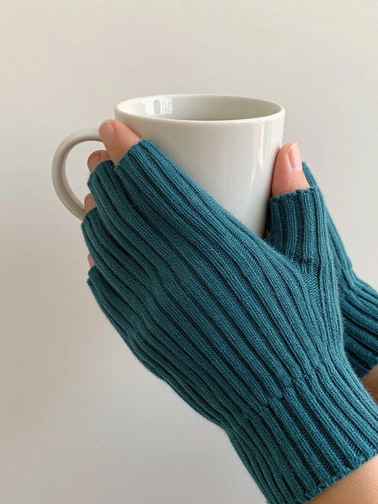 Teal ribbed fingerless mitts grasp a white mug.