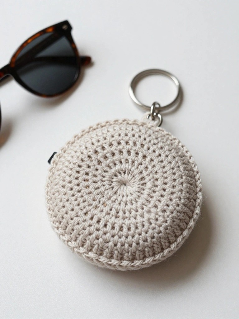 Beige round crocheted pouch with textured stitches attached to a silver keyring, placed next to tortoiseshell sunglasses on a white surface.