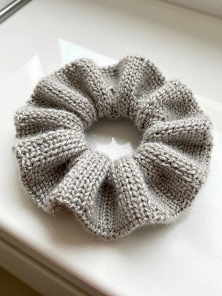 A light gray ribbed knitted scrunchie with ruffled folds sits on a white surface next to a window.
