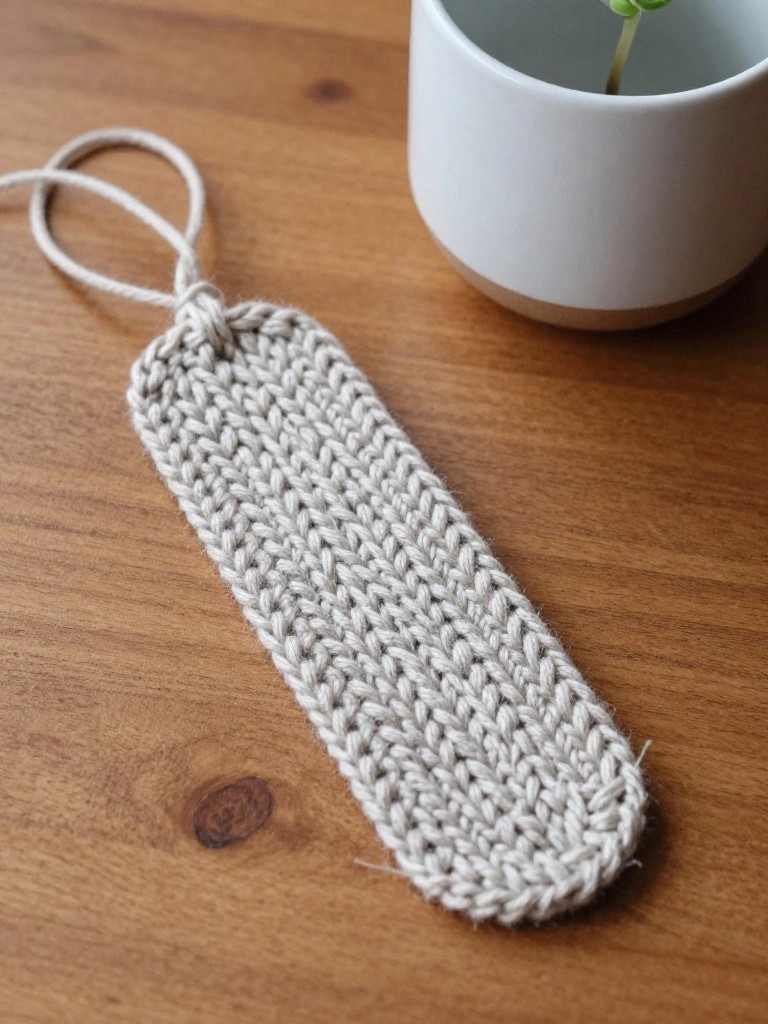 Beige rectangular knitted bookmark with twisted white yarn loop at top, on wooden table next to white cup holding green plant.