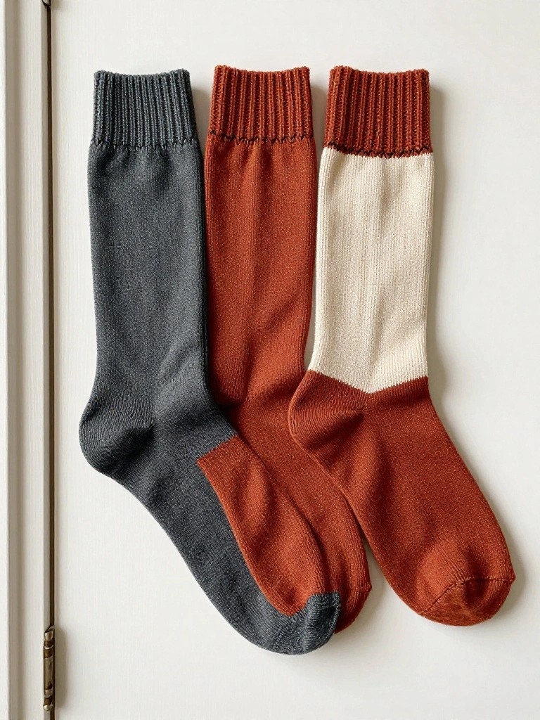 Three pairs of knitted socks in gray, rust orange, and cream with color-blocked legs and ribbed cuffs laid on a white surface.