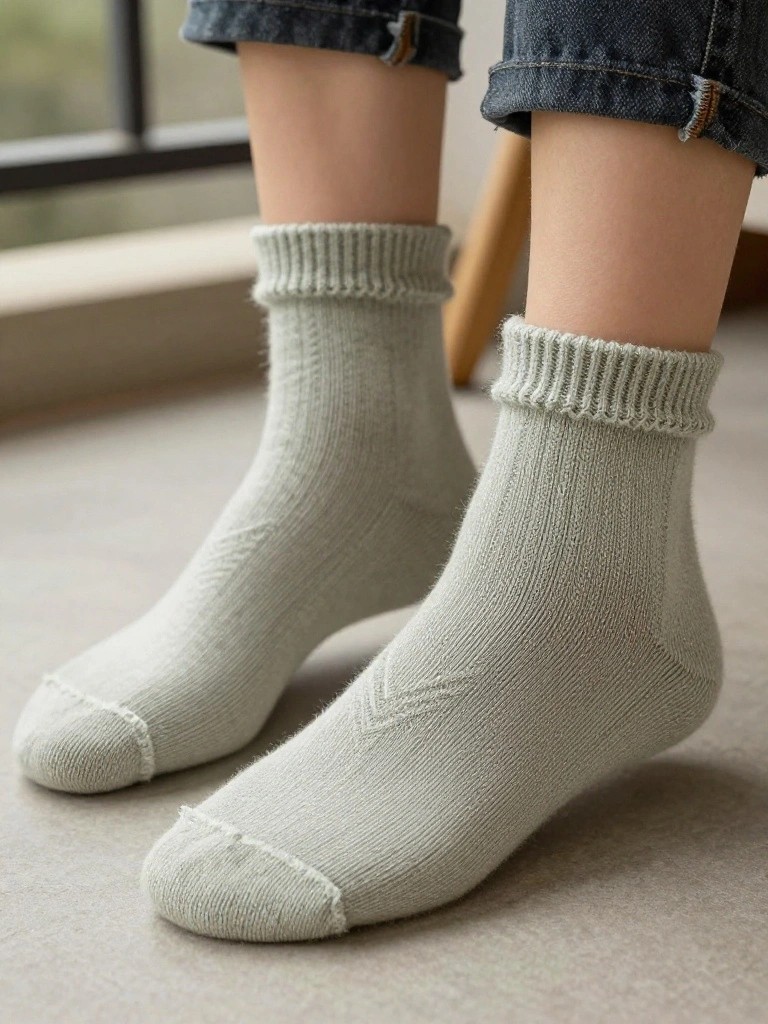 Pair of light gray fuzzy knitted ankle socks with ribbed cuffs, V-shaped chevron on front, and rolled-up jeans.