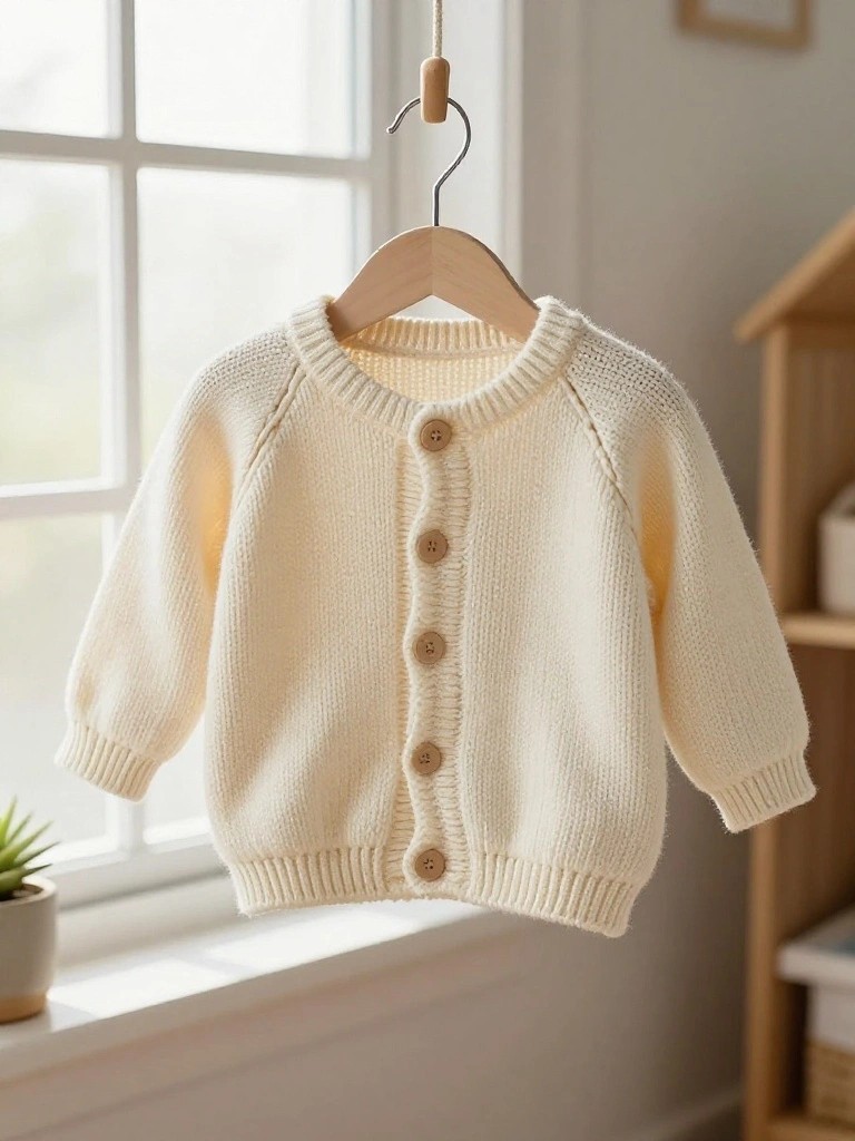 Cream-colored knitted baby cardigan with wooden buttons hanging on a hanger near a window.