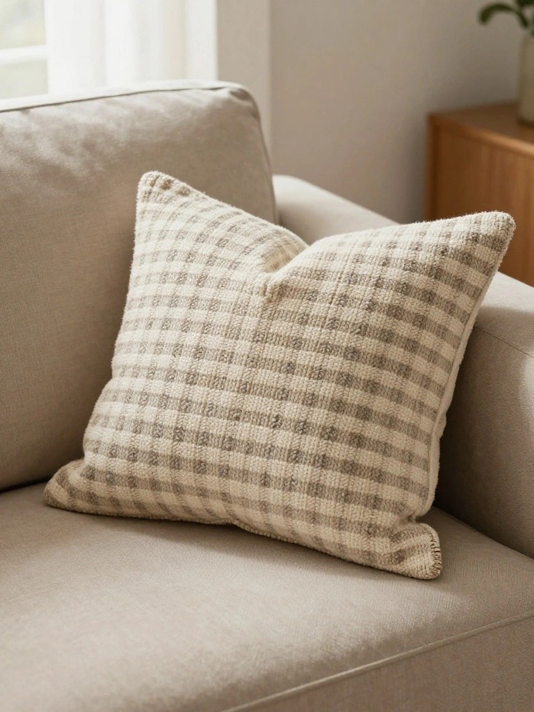 A square pillow with a beige and gray checkered knit cover sits propped on a beige sofa arm.