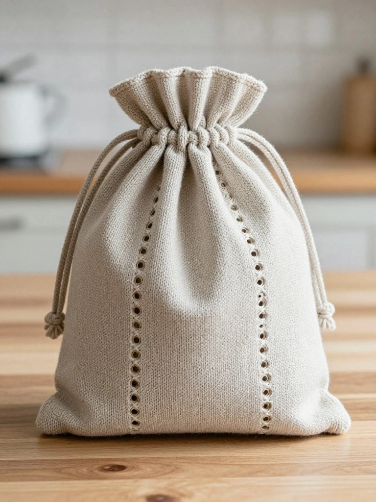 A beige fabric drawstring bag with vertical eyelet holes sits on a wooden kitchen counter.