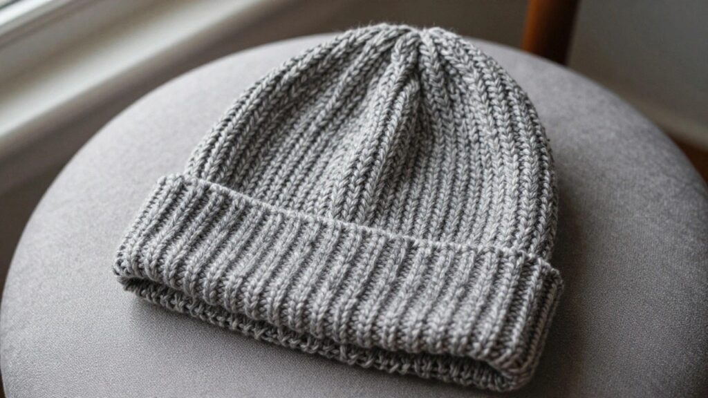 Side profile of a woman wearing a gray fuzzy knitted beanie with ribbed brim.