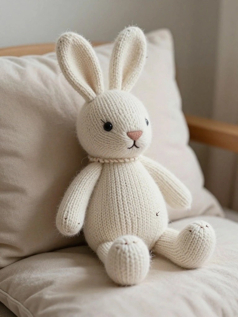 White knitted bunny plush toy with floppy ears, embroidered face, and pearl necklace trim sitting on a beige cushion.